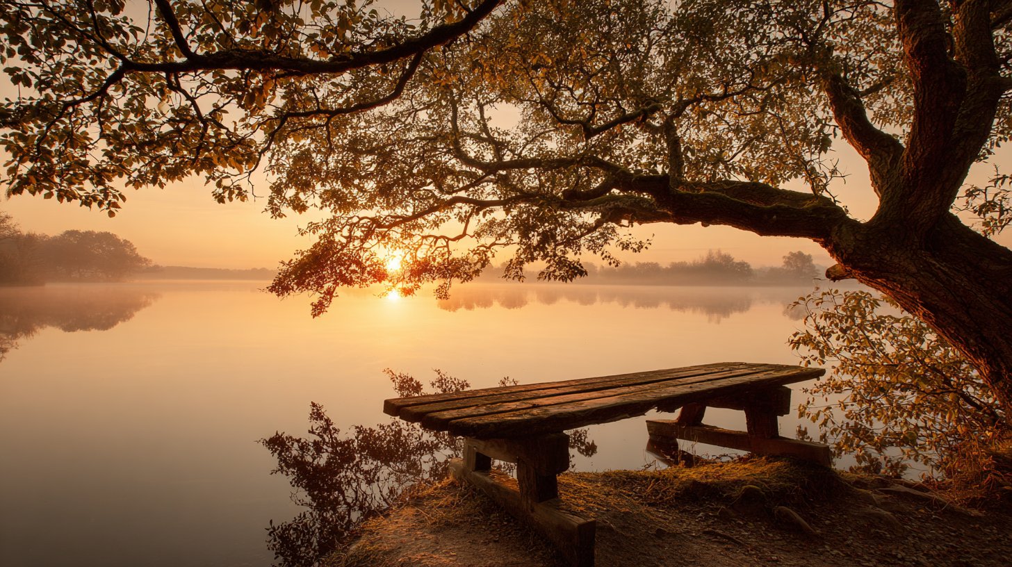 A peaceful sunrise view over calm water, with a wooden bench beneath a tree — evoking stillness and a new beginning